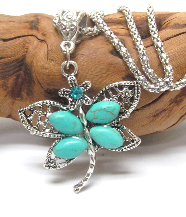 VINTAGE TIBETAN SILVER AND TURQUOISE DRAGONFLY NECKLACE