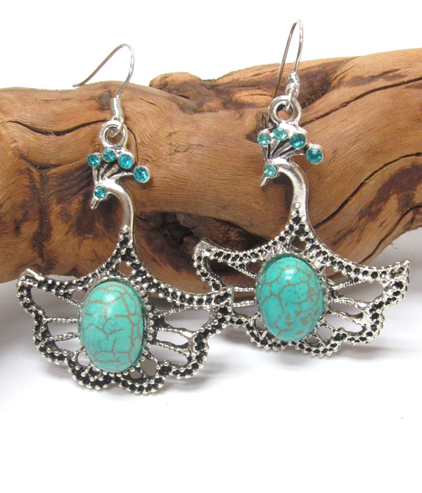VINTAGE TIBETAN SILVER AND TURQUOISE PEACOCK EARRING