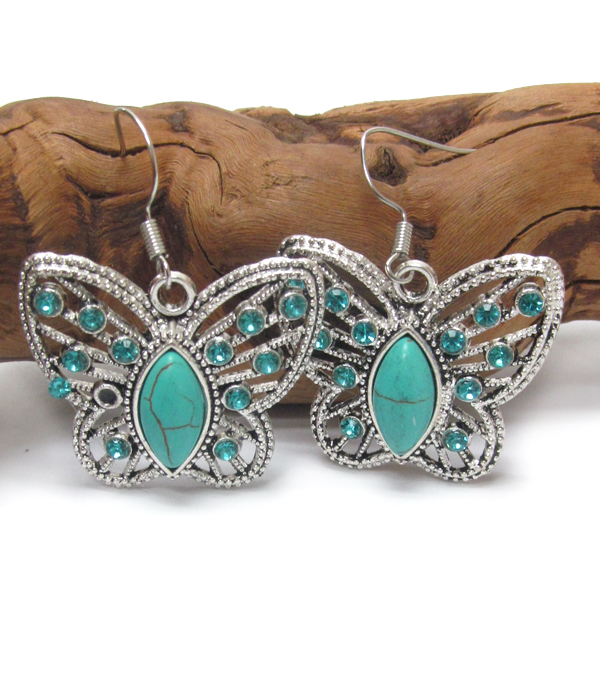 VINTAGE TIBETAN SILVER AND TURQUOISE BUTTERFLY EARRING