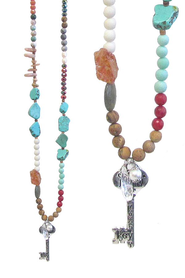 KEY PENDANT AND MULTI SEMI PRECIOUS STONE MIX LONG NECKLACE - LIFE IS A JOURNEY AND YOU HOLD THE KEY