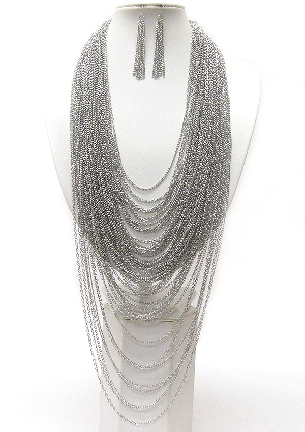 MULTI STRAND METAL CHAIN NECKLACE EARRING SET