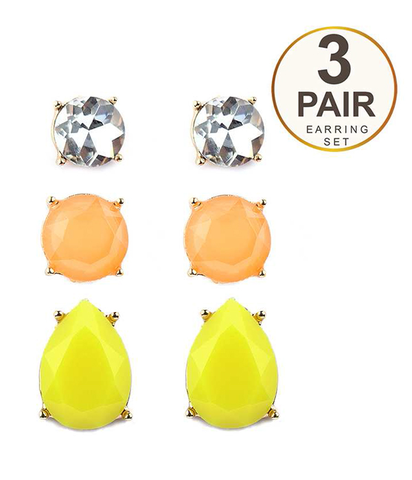 NEON TEARDROP AND ROUND 3 PAIR EARRING SET