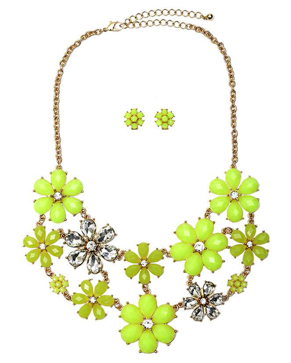 MULTI CRYSTAL AND NEON STONE FLOWER LINK PARTY BIB NECKLACE EARRING SET