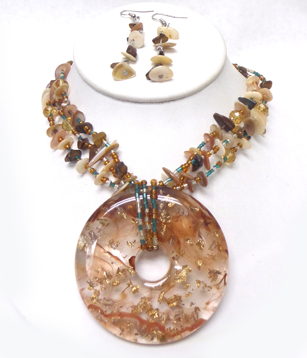 LARGE MURANO GLASS DONUT PENDANT MIXED CHIP STONE NECKLACE SET