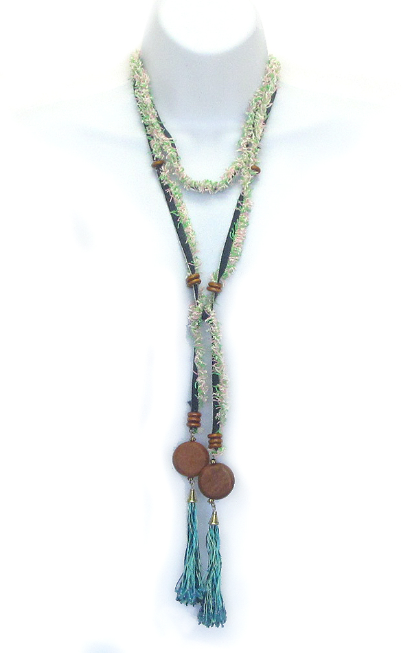 WOOD DISK AND TASSEL DROP LONG FABRIC LARIAT NECKLACE