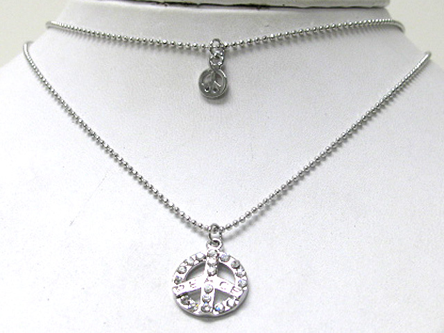 MADE IN KOREA WHITEGOLD PLATING CRYSTAL STUD PEACE MARK PENDANT DOUBLE LAYER CHAIN NECKLACE