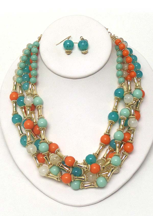 MULTI BALL STONE AND METAL LINK LAYER BOHEMIAN STYLE NECKLACE EARRING SET