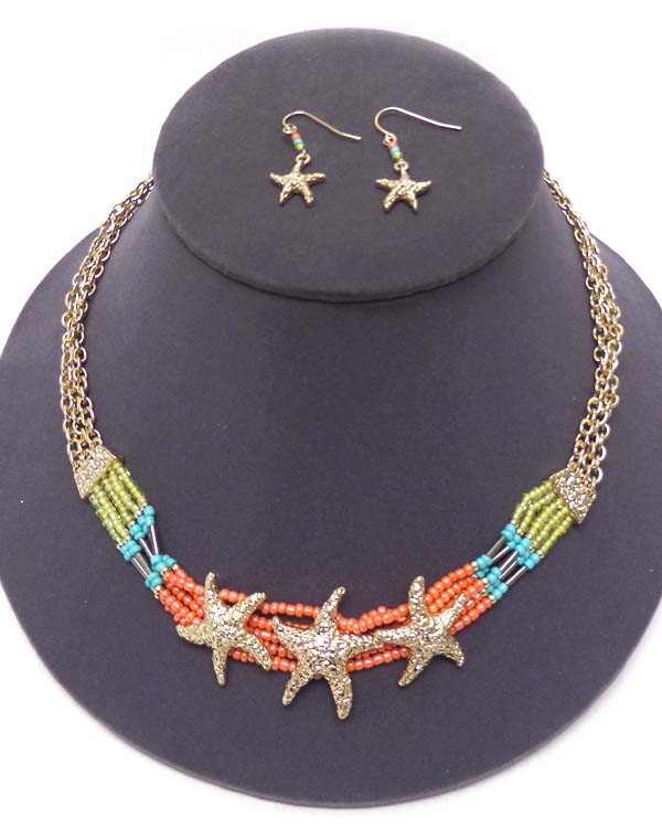 TEXTURED STARFISH AND MULTI SEED BEAD AND LAYERED CHAIN NECKLACE EARRING SET