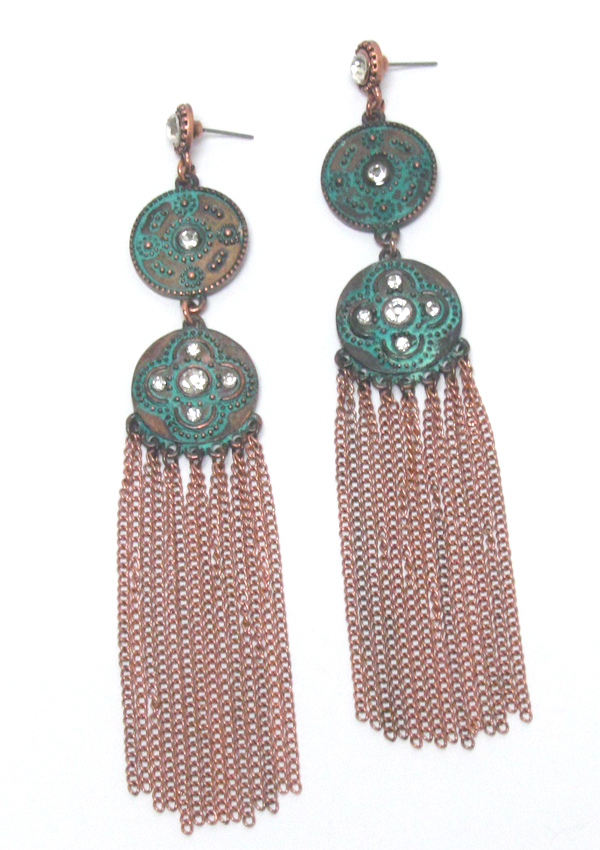 PATINA AND BURNISH COPPER DISK AND LONG CHAIN TASSEL EARRING