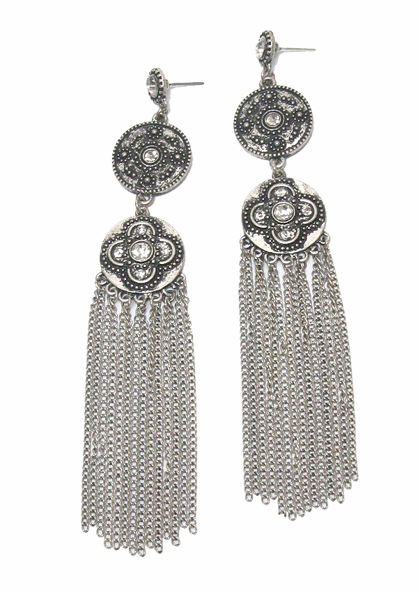 BURNISH SILVER DISK AND LONG CHAIN TASSEL EARRING