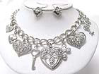 CRYSTAL DECO HEART CROSS KEY DANGLE CHAIN NECKLACE EARRING SET