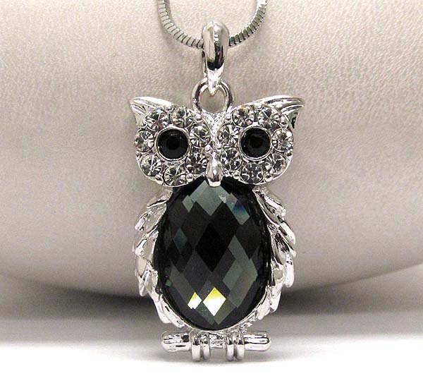 MADE IN KOREA WHITEGOLD PLATING CRYSTAL OWL WITH OVAL GLASS PENDANT NECKLACE