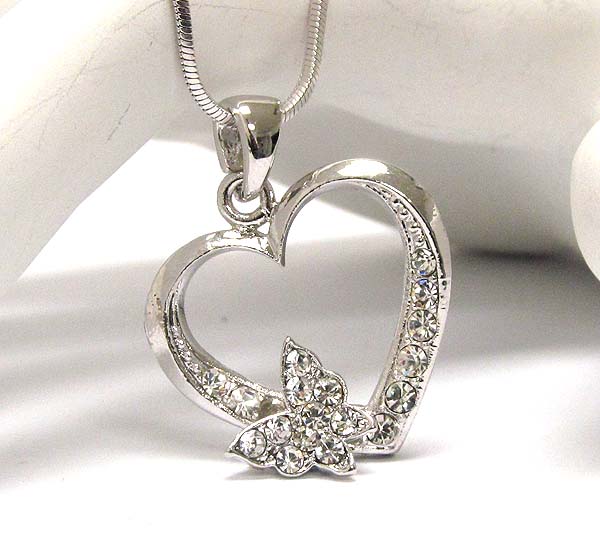 MADE IN KOREA WHITEGOLD PLATING CRYSTAL HEART WITH BUTTERFLY PENDANT NECKLACE