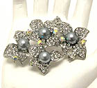 CRYSTAL AND CENTER PEARL DECO MULTI FLOWER BROOCH