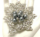 CRYSTAL LEAF AND PEARL CENTER DECO BROOCH