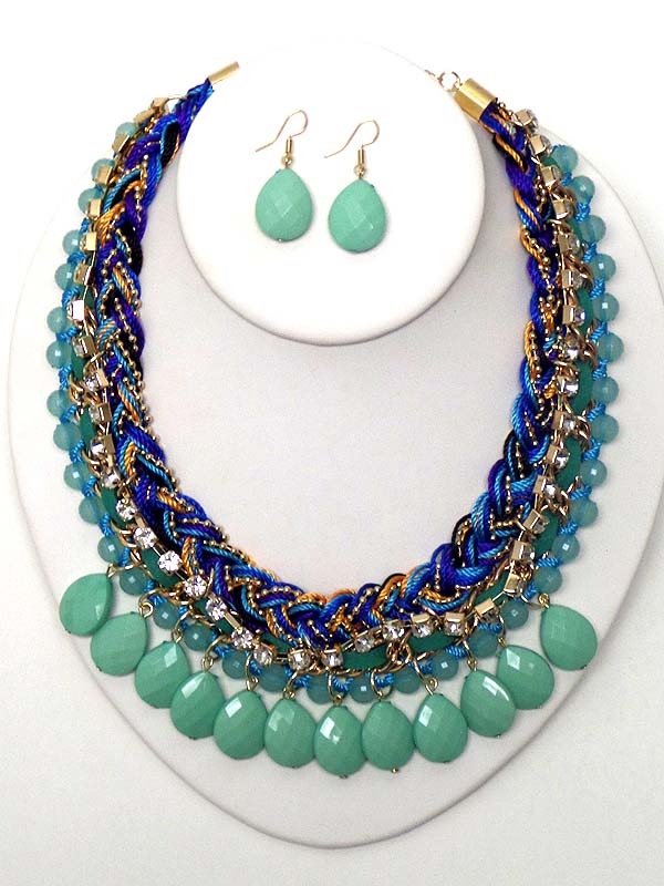 MULTI TEARDROP DANGLE ON CRYSTAL AND WOVEN CORD MIX NECKLACE EARRING SET
