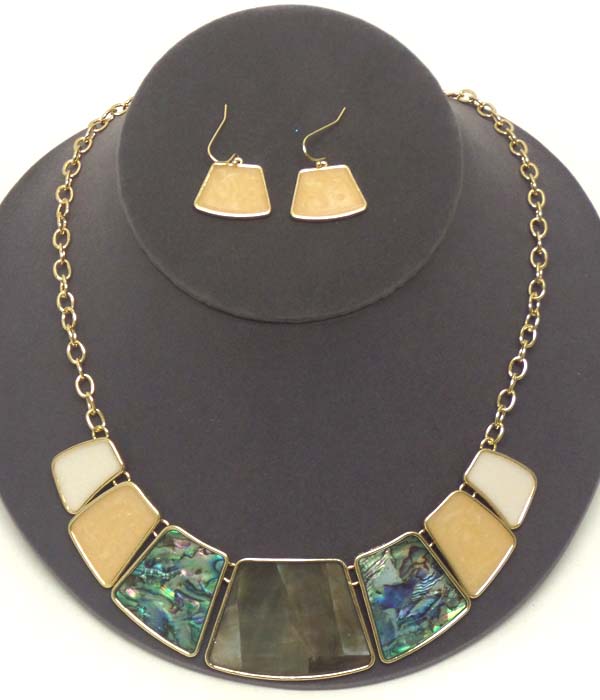 ABALONE FINISH MULTI PLATE LINK NECKLACE EARRING SET