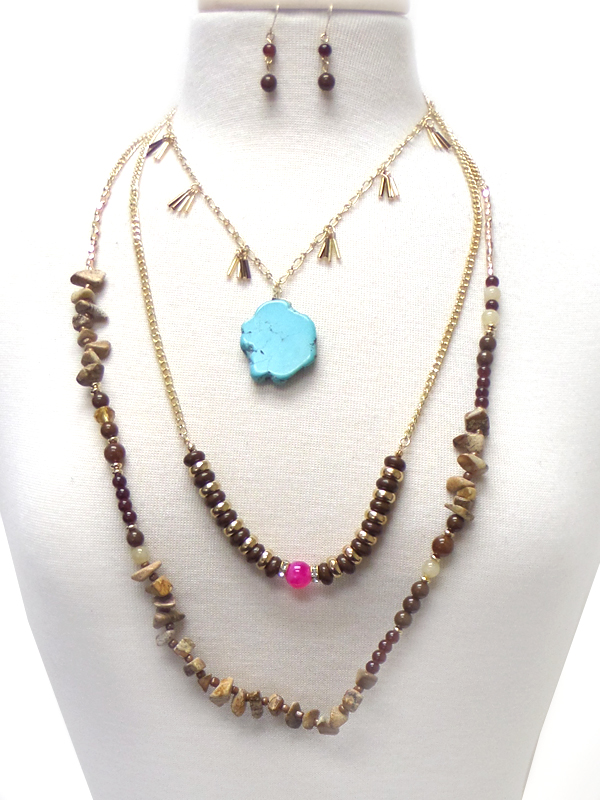 TURQUOISE AND GENUINE STONE BEADS 3 LAYERED LONG NECKLACE SET
