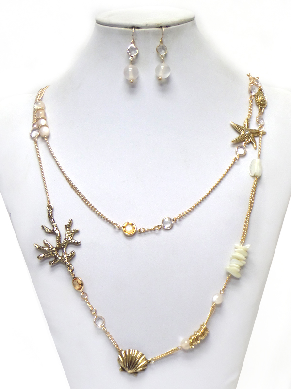 CORAL AND STARFISH AND SHELL DOUBLE LAYER LONG NECKLACE SET