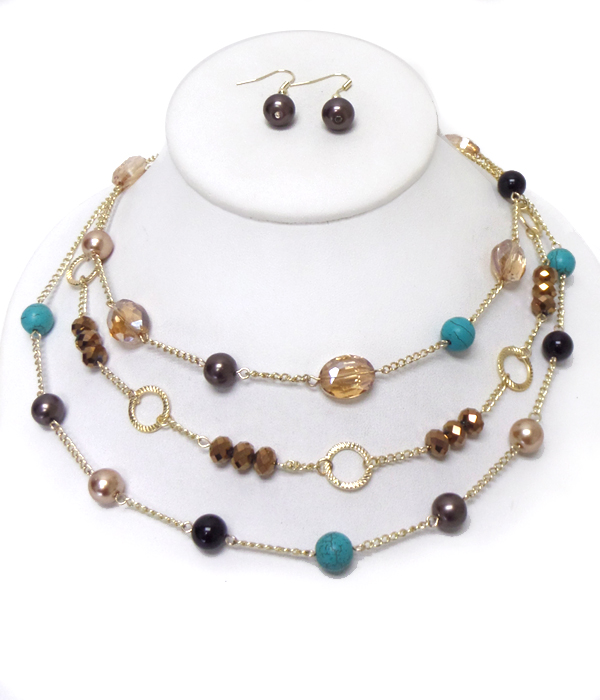 MULTI PEARL AND GLASS BEADS 3 LAYERED NECKLACE SET