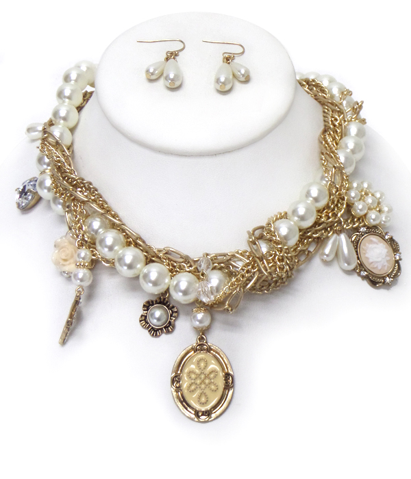 VINTAGE CHARM BRAIDED METAL AND PEARL CHAIN NECKLACE SET