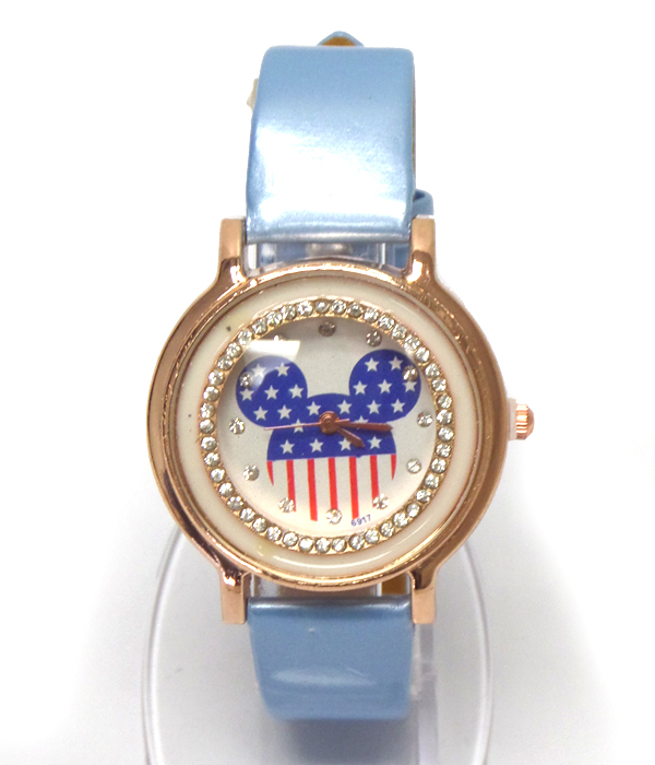 CRYSTAL STUD AMERICAN FLAG MOUSE EAR LEATHER BAND WRIST WATCH
