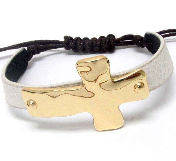 METAL HAMMERED CROSS WITH LEATHER BAND CORD BRACELET