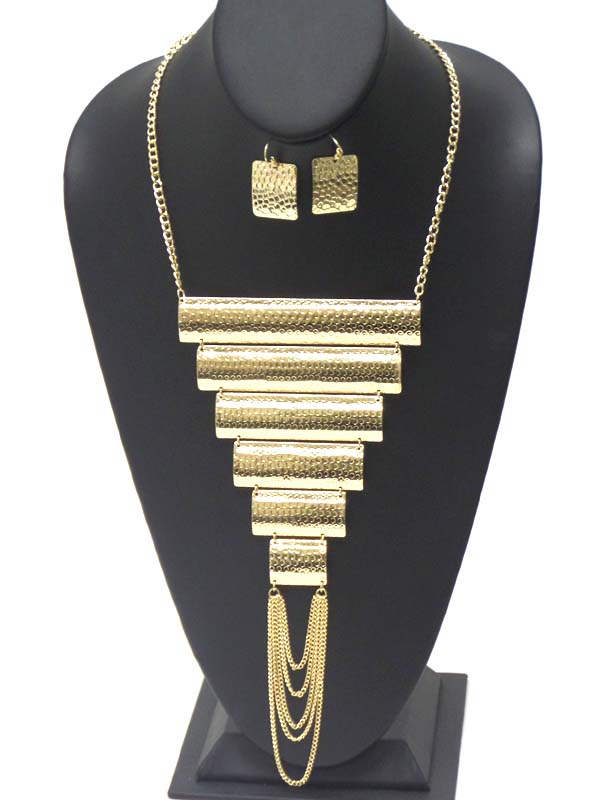 TEXTURED MULTI METAL BAR AND CHAIN DROP STATEMENT NECKLACE EARRING SET
