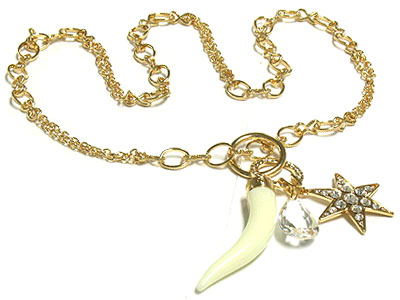 HORN AND CRYSTAL STAR AND ACRYL BEAD CHARMS CHAIN NECKLACE 