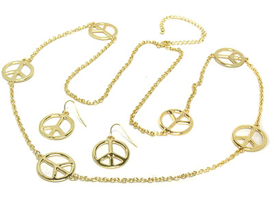 METAL PEACE LINK LONG NECKLACE AND EARRING SET 
