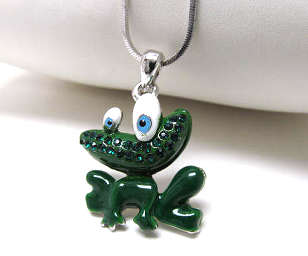 MADE IN KOREA WHITEGOLD PLATING CRYSTAL AND EPOXY FROG PENDANT NECKLACE