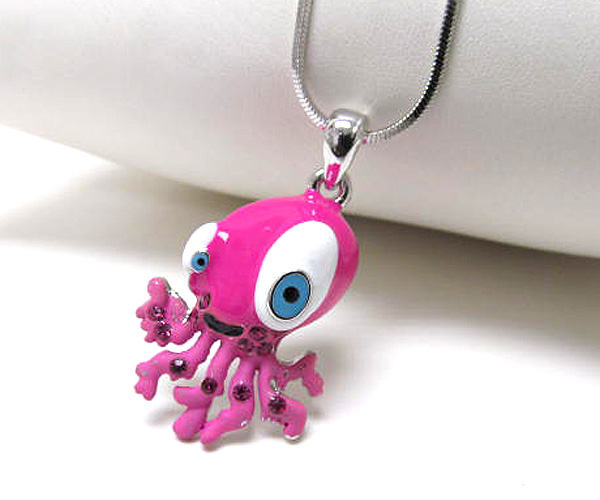 MADE IN KOREA WHITEGOLD PLATING CRYSTAL AND EPOXY OCTOPUS PENDANT NECKLACE