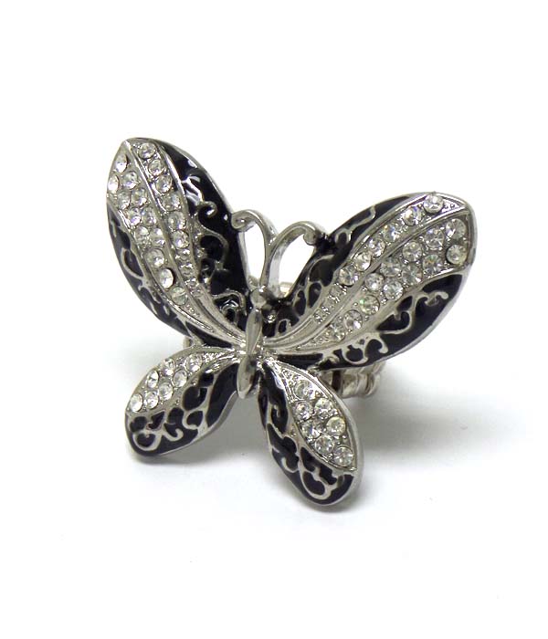 CRYSTAL AND METAL FILIGREE BUTTERFLY STRETCH RING