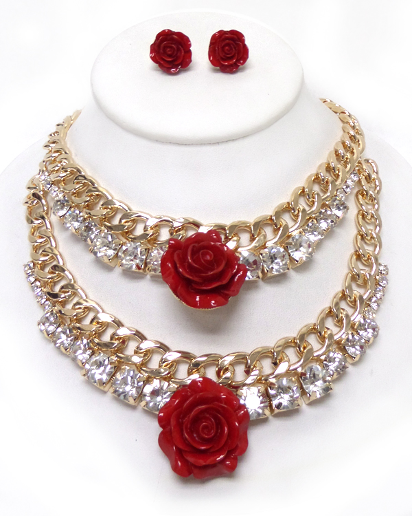 DOUBLE LAYER ROSE AND CRYSTAL CHAIN NECKLACE SET
