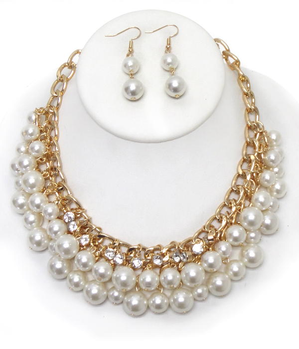 MULTI PEARL DANGLE ON CRYSTAL CHAIN NECKLACE SET