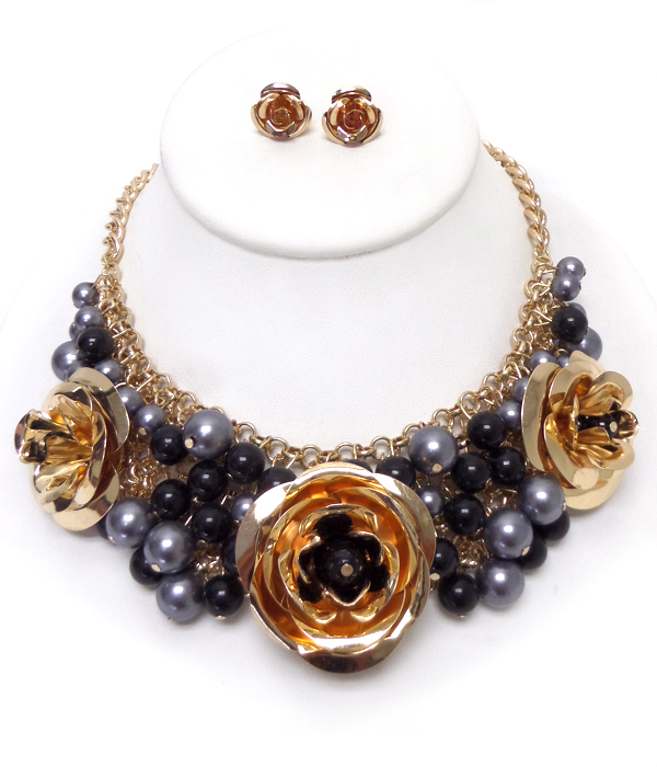 TRIPLE METAL ROSE AND MULTI PEARL STATEMENT NECKLACE SET