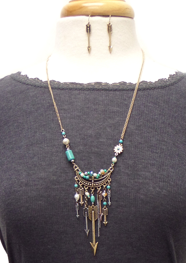 WESTERN STYLE MULTI TURQUOISE AND ARROW DROP NECKLACE SET