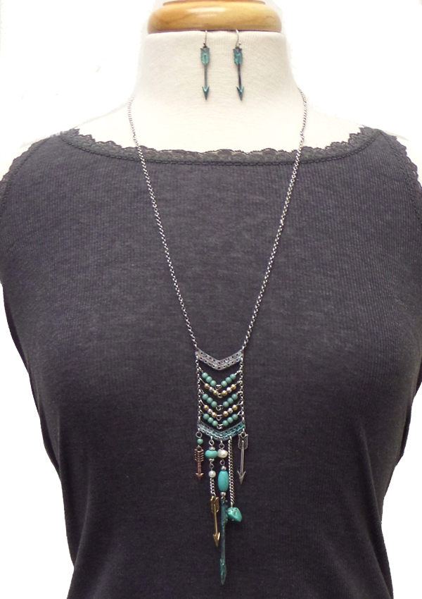 WESTERN STYLE MULTI BEADS AND ARROW DROP NECKLACE SET