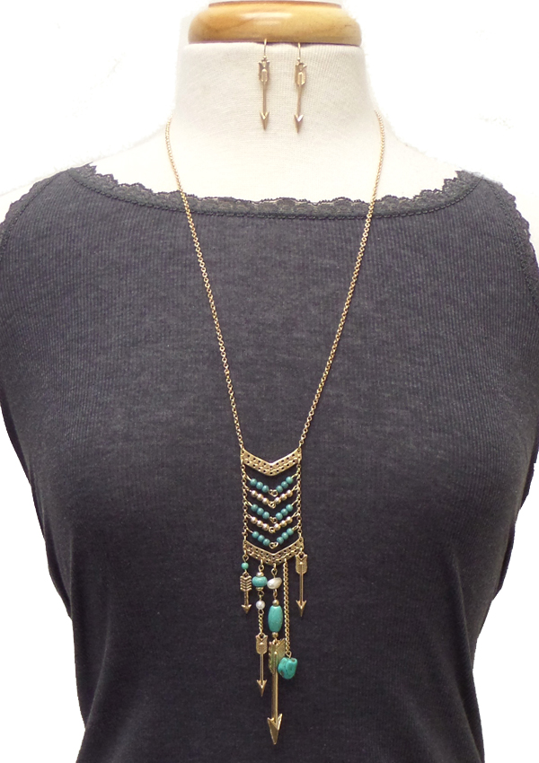 WESTERN STYLE MULTI BEADS AND ARROW DROP NECKLACE SET