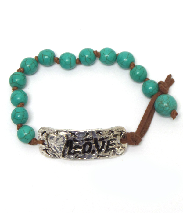 HANDMADE HAMMERED LOVE PLATE AND TURQUOISE BAND BRACELET