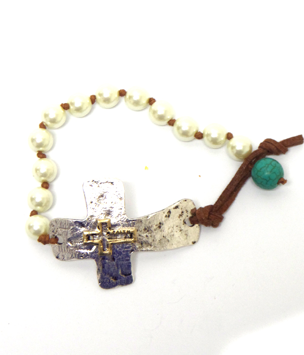 HANDMADE HAMMERED CROSS AND TURQUOISE BAND BRACELET