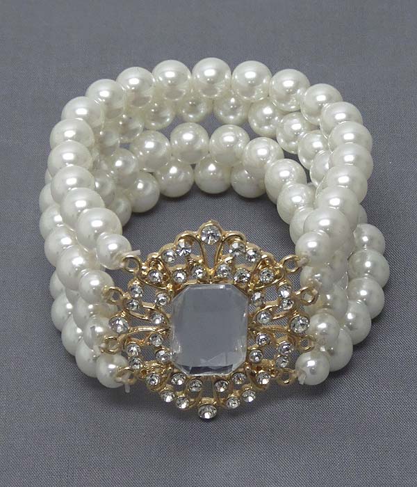 CRYSTAL ON METAL FILIGREE AND STRETCH PEARL BAND BRACELET
