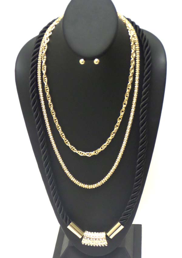 CRYSTAL STUD TUBE AND 3 LAYER SNAKE AND ROPE CHAIN MIX NECKLACE EARRING SET