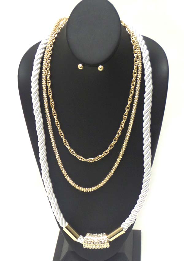CRYSTAL STUD TUBE AND 3 LAYER SNAKE AND ROPE CHAIN MIX NECKLACE EARRING SET