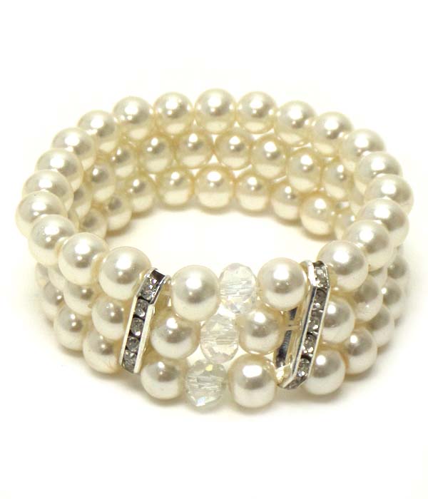 CRYSTAL AND TRIPLE LAYER STRETCH PEARL BRACELET