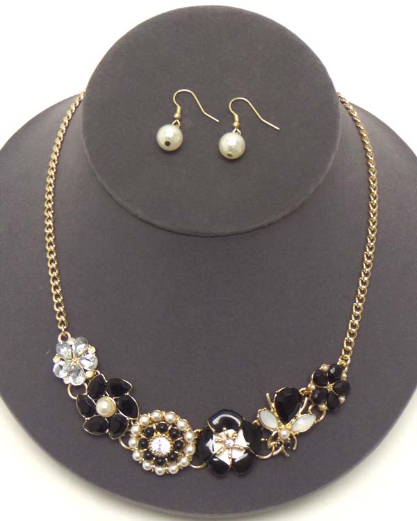 CRYSTAL AND PEARL FLOWER AND BEE LINK NECKLACE EARRING SET