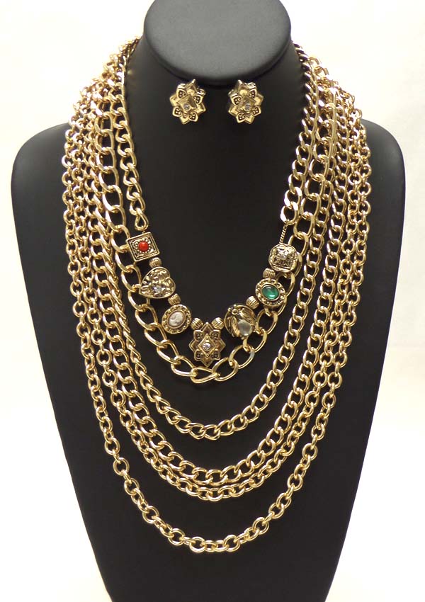 METAL CASTING MULTI SHAPE ACCENT AND THICK CHAIN NECKLACE EARRING SET