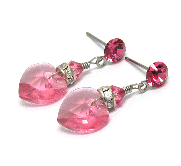 SWAROVSKI CRYSTAL HEART AND RONDELLE DROP EARRING - MADE IN USA -valentine