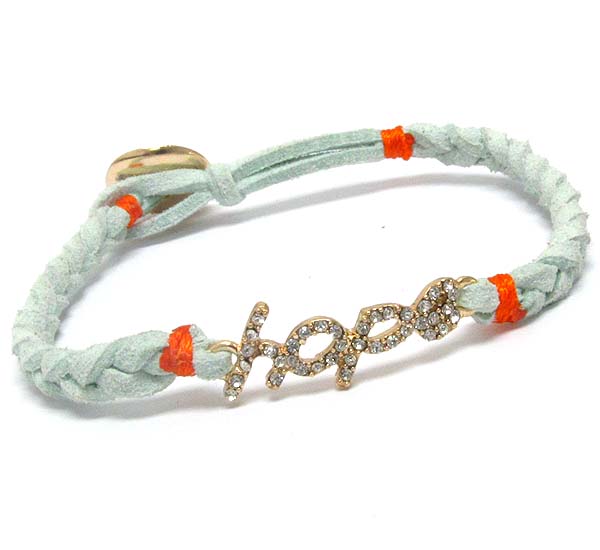 CRYSTAL HOPE AND WOVEN LEATHERETTE BAND BRACELET