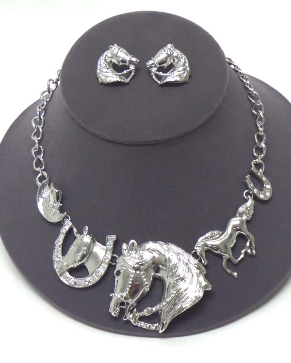 CRYSTAL DECO WESTERN HORSE THEME NECKLACE EARRING SET